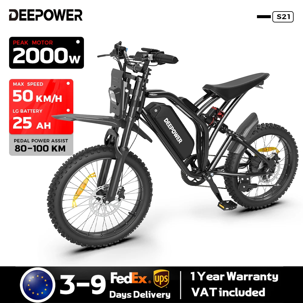 DEEPOWER S21 2000W Fat Tire Electric Bike,48V 25Ah 100KM Range 50KM/H Off-Road E-Bike,Full Suspension Mountain E-Bike for Adults