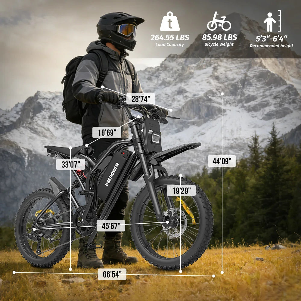 DEEPOWER S21 2000W Fat Tire Electric Bike,48V 25Ah 100KM Range 50KM/H Off-Road E-Bike,Full Suspension Mountain E-Bike for Adults