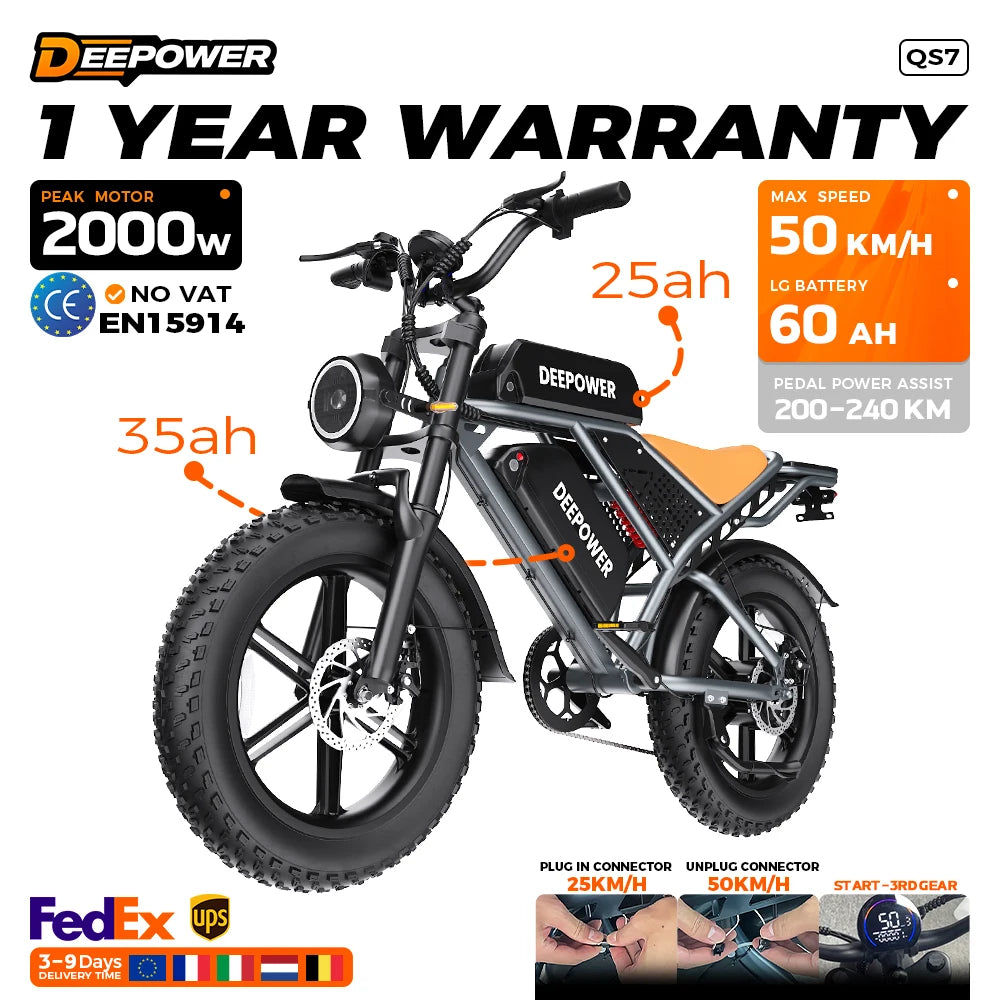 DEEPOWER QS7 Electric Bicycle 1000W Motor 48V60AH lithium battery Aldult Electric Bike 20*4.0 -In Fat Tire Snow E-bike EU Stock