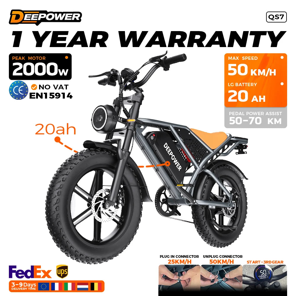 DEEPOWER QS7 Electric Bicycle 1000W Motor 48V60AH lithium battery Aldult Electric Bike 20*4.0 -In Fat Tire Snow E-bike EU Stock