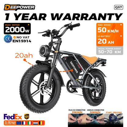 DEEPOWER QS7 Electric Bicycle 1000W Motor 48V60AH lithium battery Aldult Electric Bike 20*4.0 -In Fat Tire Snow E-bike EU Stock