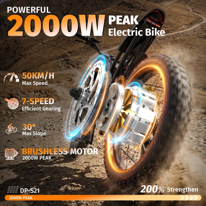 DEEPOWER S21 2000W Fat Tire Electric Bike,48V 25Ah 100KM Range 50KM/H Off-Road E-Bike,Full Suspension Mountain E-Bike for Adults