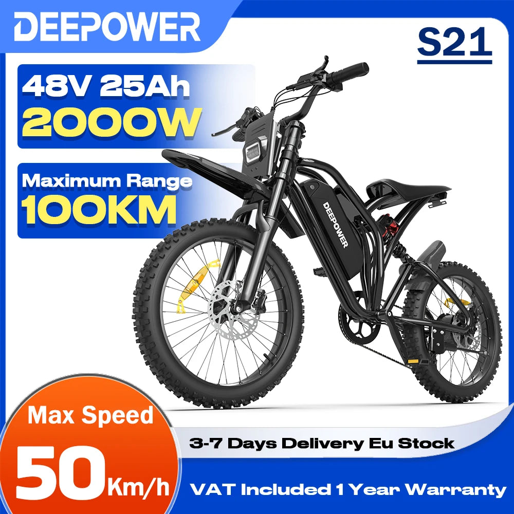 DEEPOWER S21 2000W Fat Tire Electric Bike,48V 25Ah 100KM Range 50KM/H Off-Road E-Bike,Full Suspension Mountain E-Bike for Adults