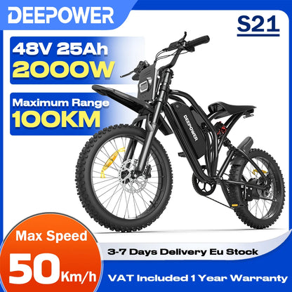 DEEPOWER S21 2000W Fat Tire Electric Bike,48V 25Ah 100KM Range 50KM/H Off-Road E-Bike,Full Suspension Mountain E-Bike for Adults