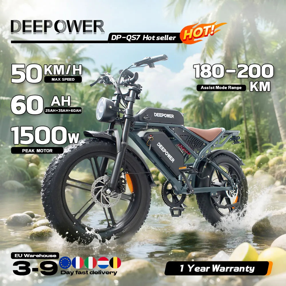 DEEPOWER QS7 Electric Bicycle 1000W Motor 48V60AH lithium battery Aldult Electric Bike 20*4.0 -In Fat Tire Snow E-bike EU Stock