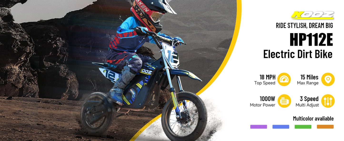 KOOZ HP112E 36V 1000W Electric Dirt Bike for Kids, 3 Speed Modes,  Electric Motorcycle Up to 18 MPH & 15 Miles Long-Range.