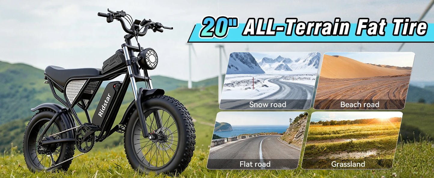 Ridstar Q30 2000W Electric Bike for Adults 48V 20Ah Detachable Battery 33MPH & 88 Miles Electric Motorcycle 20’’ Fat Tire E-Mou