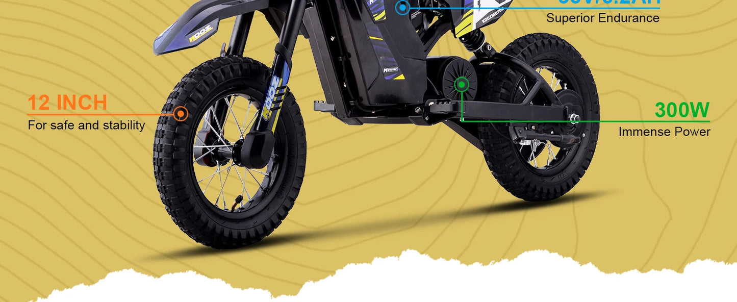 KOOZ HP122E 36V 300W Electric Dirt Bike  for Kids, 3 Speed Modes, Electric Motorcycle Up to 15.5 MPH & 14 Miles Long-Range.