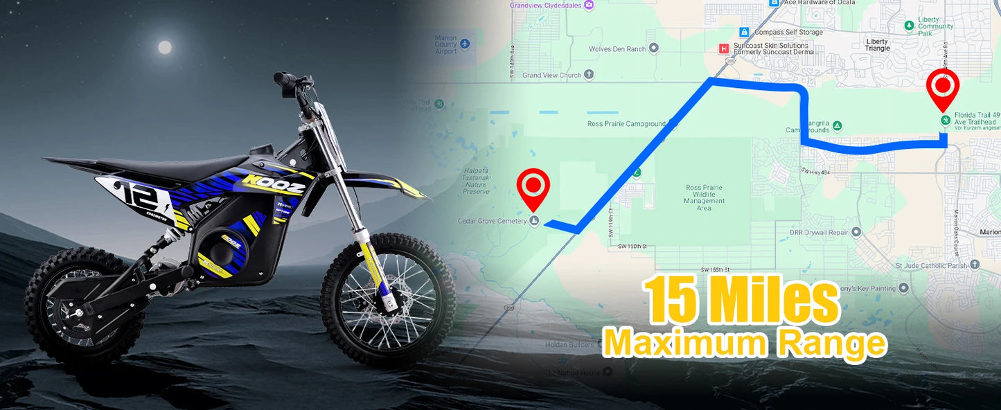KOOZ HP112E 36V 1000W Electric Dirt Bike for Kids, 3 Speed Modes,  Electric Motorcycle Up to 18 MPH & 15 Miles Long-Range.
