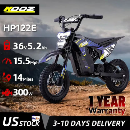 KOOZ HP122E 36V 300W Electric Dirt Bike  for Kids, 3 Speed Modes, Electric Motorcycle Up to 15.5 MPH & 14 Miles Long-Range.
