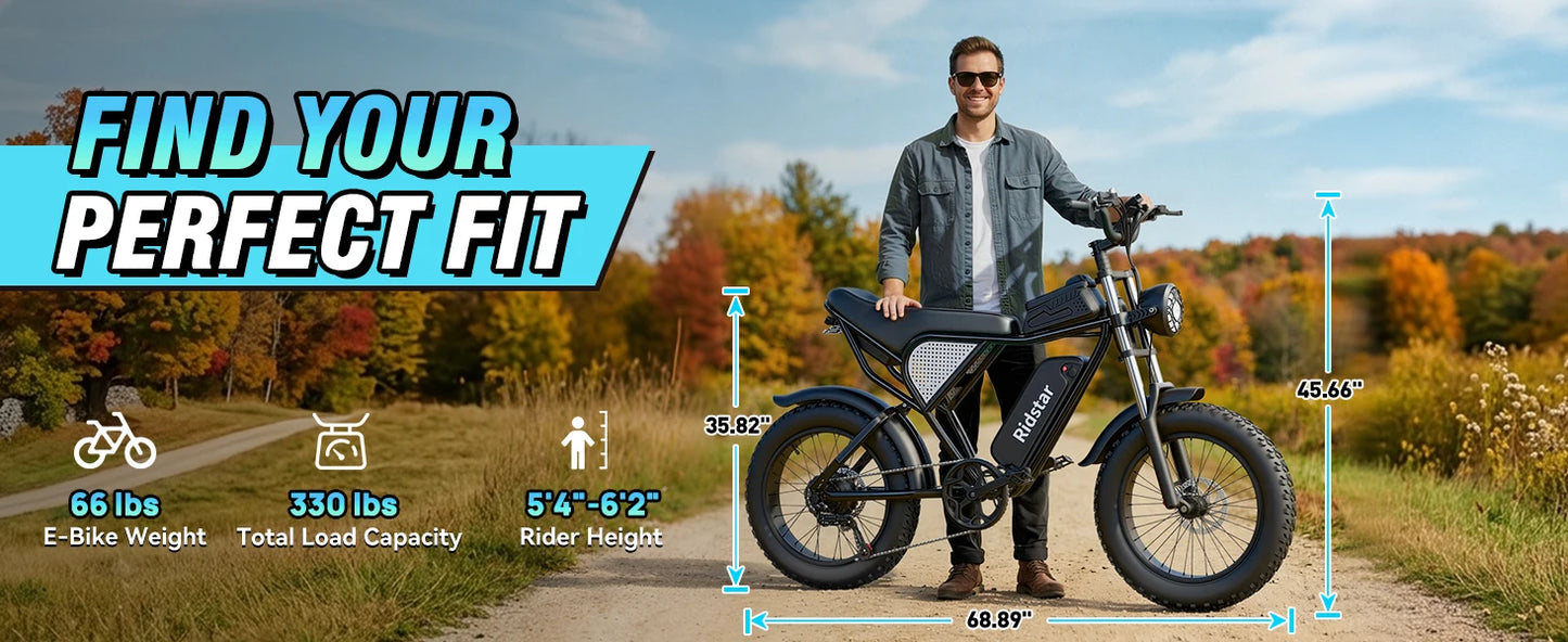 Ridstar Q30 2000W Electric Bike for Adults 48V 20Ah Detachable Battery 33MPH & 88 Miles Electric Motorcycle 20’’ Fat Tire E-Mou