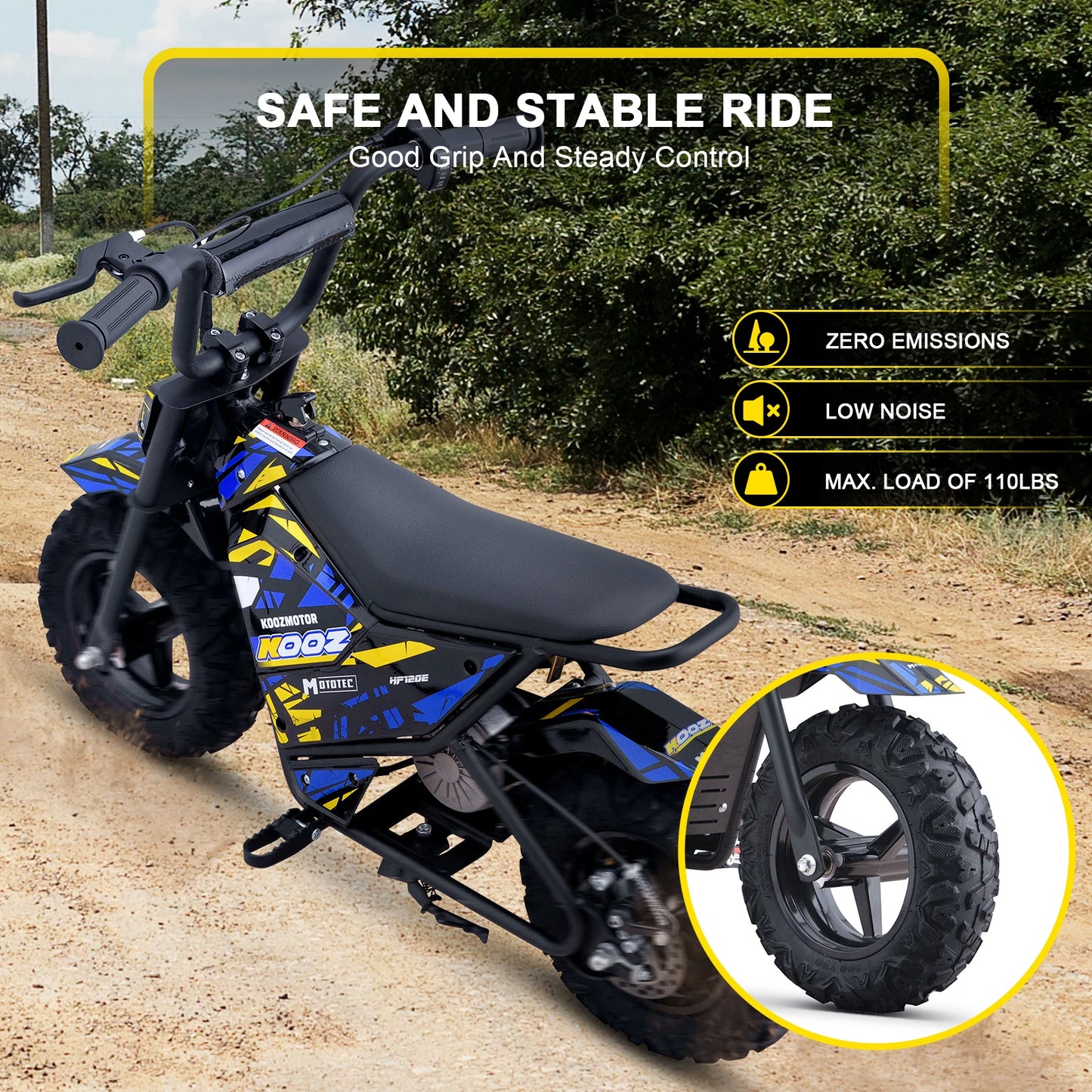KOOZ HP120E 24V 250W Electric Dirt Bike for Kids, 2 Speed Modes,  Electric Motorcycle Up to 10 MPH & 7.5 Miles Long-Range.