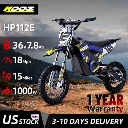 KOOZ HP112E 36V 1000W Electric Dirt Bike for Kids, 3 Speed Modes,  Electric Motorcycle Up to 18 MPH & 15 Miles Long-Range.