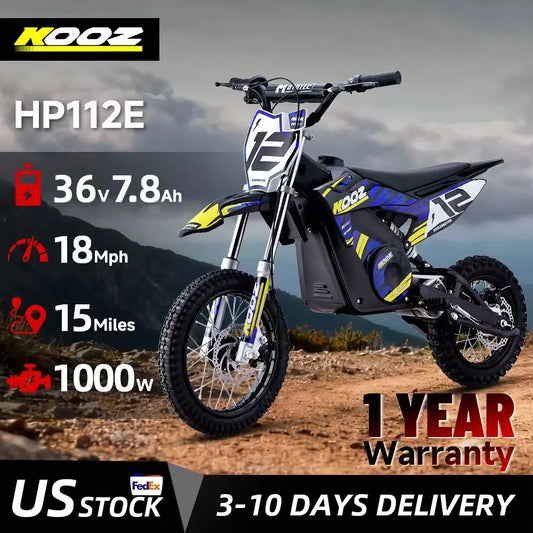KOOZ HP112E 36V 1000W Electric Dirt Bike for Kids, 3 Speed Modes,  Electric Motorcycle Up to 18 MPH & 15 Miles Long-Range.