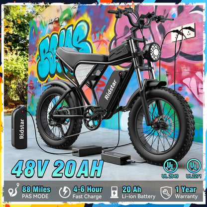 Ridstar Q30 2000W Electric Bike for Adults 48V 20Ah Detachable Battery 33MPH & 88 Miles Electric Motorcycle 20’’ Fat Tire E-Mou