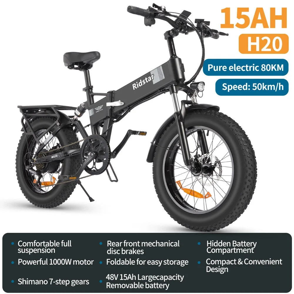 Ridstar Folding Electric Bike for Adults 1500W 48V 15AH 30MPH 50Miles 20" Fat Tire City Commuter EBike Foldable Bicycle UL2849
