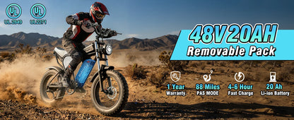 Ridstar Q30 2000W Electric Bike for Adults 48V 20Ah Detachable Battery 33MPH & 88 Miles Electric Motorcycle 20’’ Fat Tire E-Mou