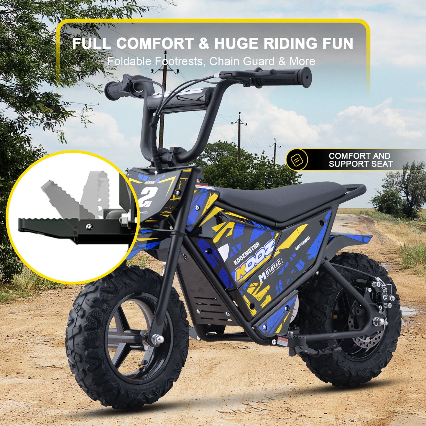 KOOZ HP120E 24V 250W Electric Dirt Bike for Kids, 2 Speed Modes,  Electric Motorcycle Up to 10 MPH & 7.5 Miles Long-Range.
