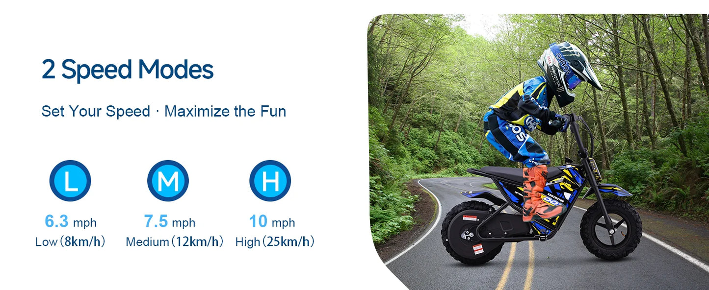 KOOZ HP120E 24V 250W Electric Dirt Bike for Kids, 2 Speed Modes,  Electric Motorcycle Up to 10 MPH & 7.5 Miles Long-Range.
