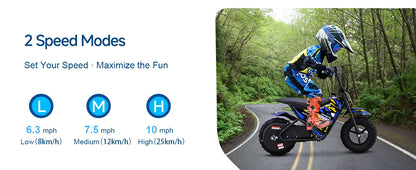 KOOZ HP120E 24V 250W Electric Dirt Bike for Kids, 2 Speed Modes,  Electric Motorcycle Up to 10 MPH & 7.5 Miles Long-Range.