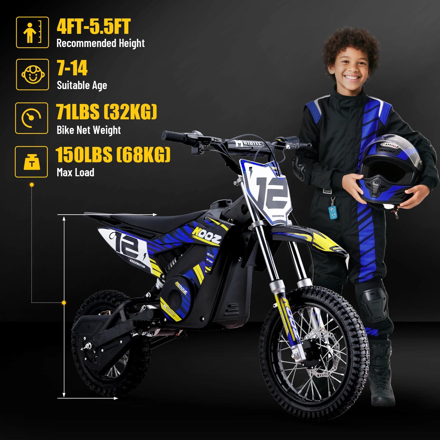 KOOZ HP112E 36V 1000W Electric Dirt Bike for Kids, 3 Speed Modes,  Electric Motorcycle Up to 18 MPH & 15 Miles Long-Range.