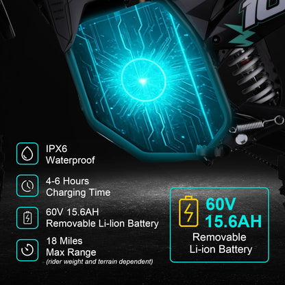 KOOZ HP115E 60V 2000W Electric Motorcycle for Kids and Teens,Electric Dirt Bike Up to 40 MPH & 18 Miles Long-Range.