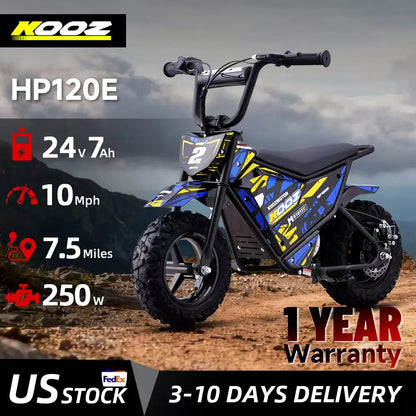 KOOZ HP120E 24V 250W Electric Dirt Bike for Kids, 2 Speed Modes,  Electric Motorcycle Up to 10 MPH & 7.5 Miles Long-Range.