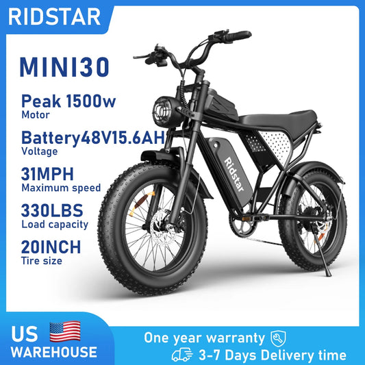 Ridstar Electric Bike for Adults Peak 1500W 31 MPH 48V 15.6AH MINI30 E-Bike Electric Bicycle 20x4" Fat Tire Mountain Bike