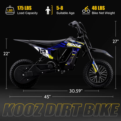 KOOZ HP122E 36V 300W Electric Dirt Bike  for Kids, 3 Speed Modes, Electric Motorcycle Up to 15.5 MPH & 14 Miles Long-Range.