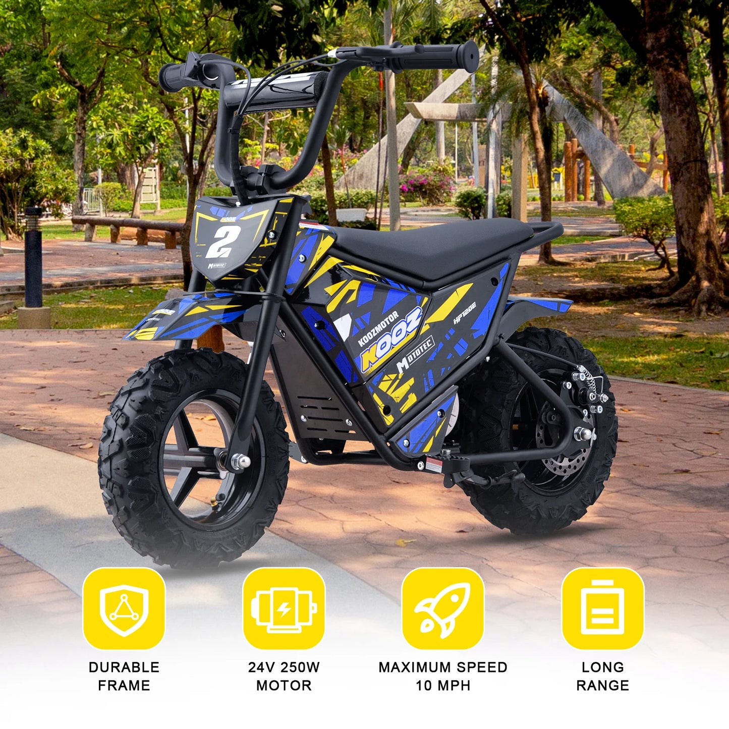 KOOZ HP120E 24V 250W Electric Dirt Bike for Kids, 2 Speed Modes,  Electric Motorcycle Up to 10 MPH & 7.5 Miles Long-Range.