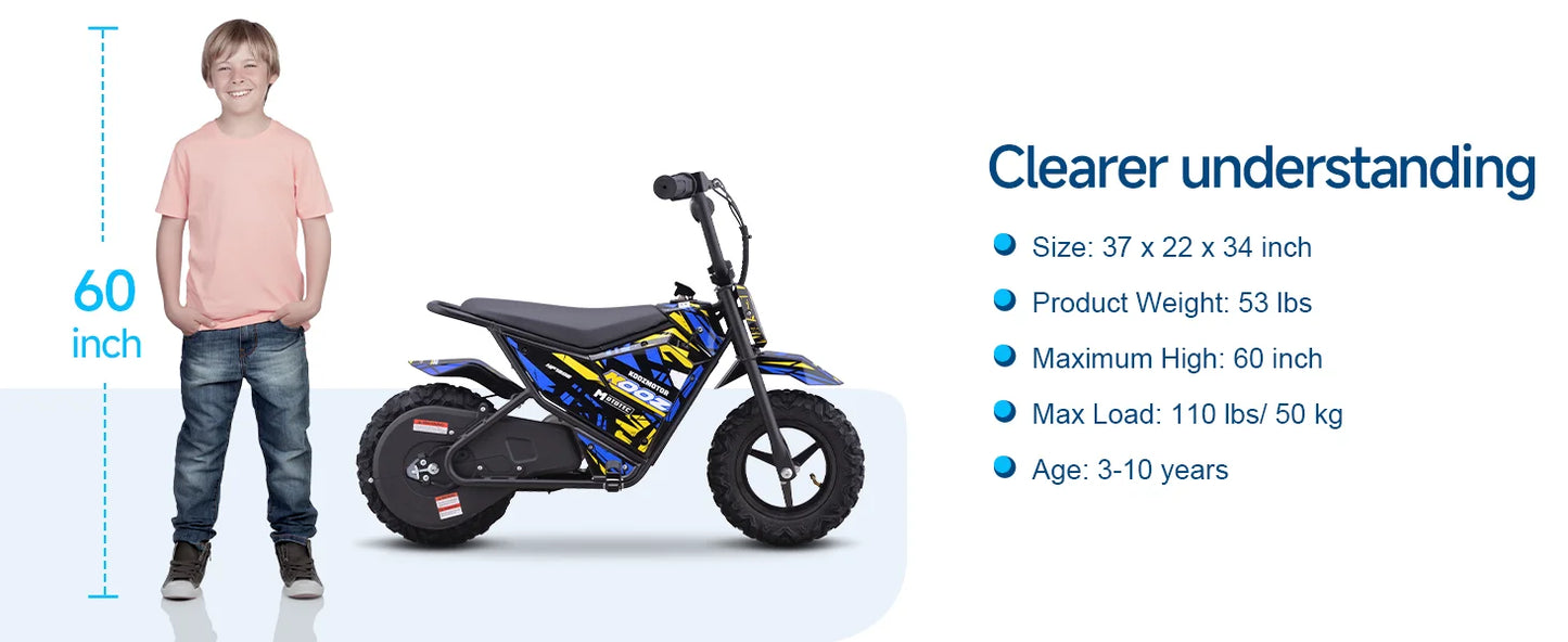KOOZ HP120E 24V 250W Electric Dirt Bike for Kids, 2 Speed Modes,  Electric Motorcycle Up to 10 MPH & 7.5 Miles Long-Range.