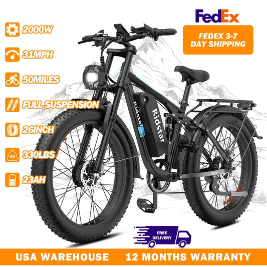 Ridstar Electric Bike 2000W 48V 23AH 26 Inch Fat Tire Adult Ebike Dual Motor Hydraulic Brakes Full Suspension MTB Electric Bike