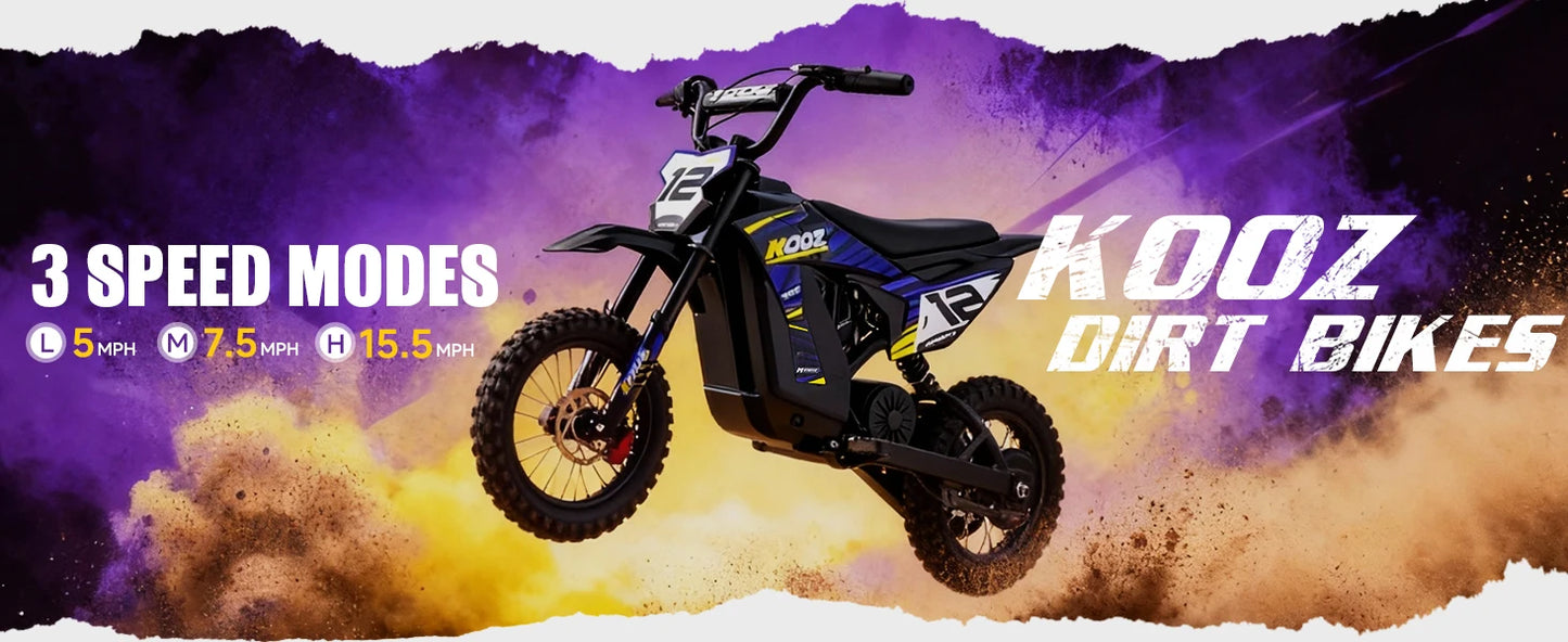 KOOZ HP122E 36V 300W Electric Dirt Bike  for Kids, 3 Speed Modes, Electric Motorcycle Up to 15.5 MPH & 14 Miles Long-Range.
