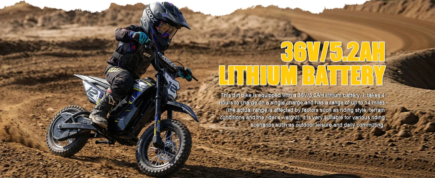 KOOZ HP122E 36V 300W Electric Dirt Bike  for Kids, 3 Speed Modes, Electric Motorcycle Up to 15.5 MPH & 14 Miles Long-Range.