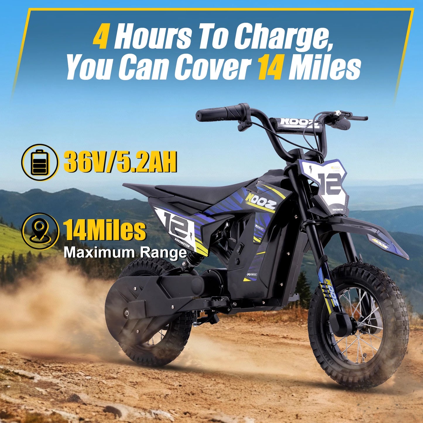 KOOZ HP122E 36V 300W Electric Dirt Bike  for Kids, 3 Speed Modes, Electric Motorcycle Up to 15.5 MPH & 14 Miles Long-Range.