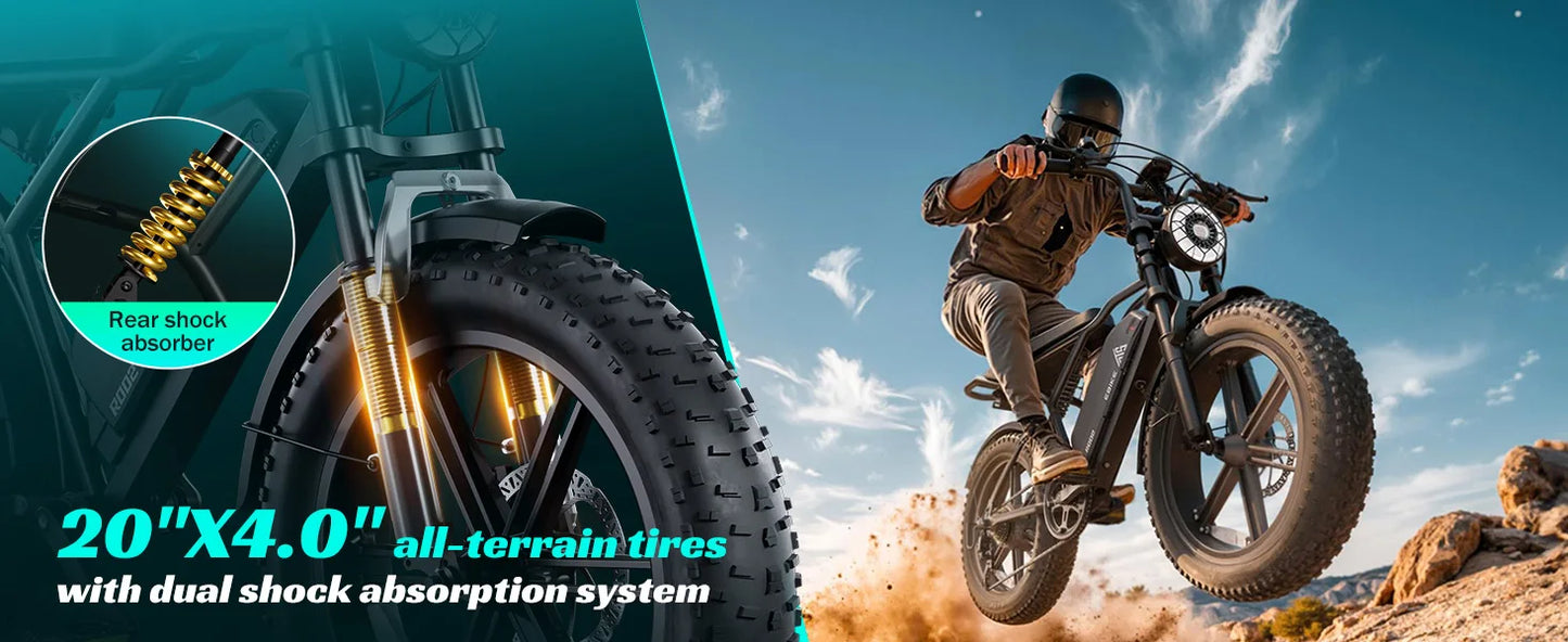 TST R002S 1500W e-bike, 20" fat tires, 60-100mile range, 28MPH, 48V 15Ah battery, for all terrains.