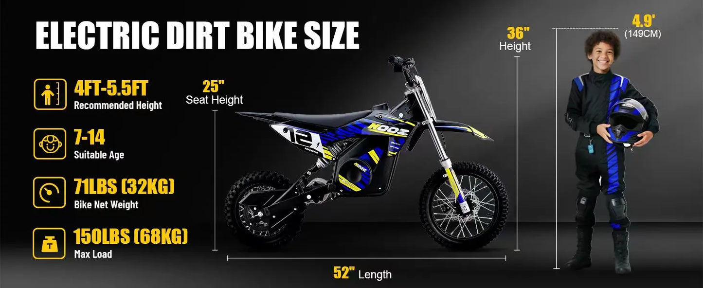 KOOZ HP112E 36V 1000W Electric Dirt Bike for Kids, 3 Speed Modes,  Electric Motorcycle Up to 18 MPH & 15 Miles Long-Range.