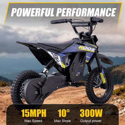 KOOZ HP122E 36V 300W Electric Dirt Bike  for Kids, 3 Speed Modes, Electric Motorcycle Up to 15.5 MPH & 14 Miles Long-Range.