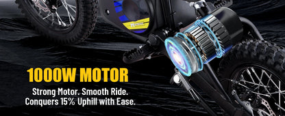KOOZ HP112E 36V 1000W Electric Dirt Bike for Kids, 3 Speed Modes,  Electric Motorcycle Up to 18 MPH & 15 Miles Long-Range.