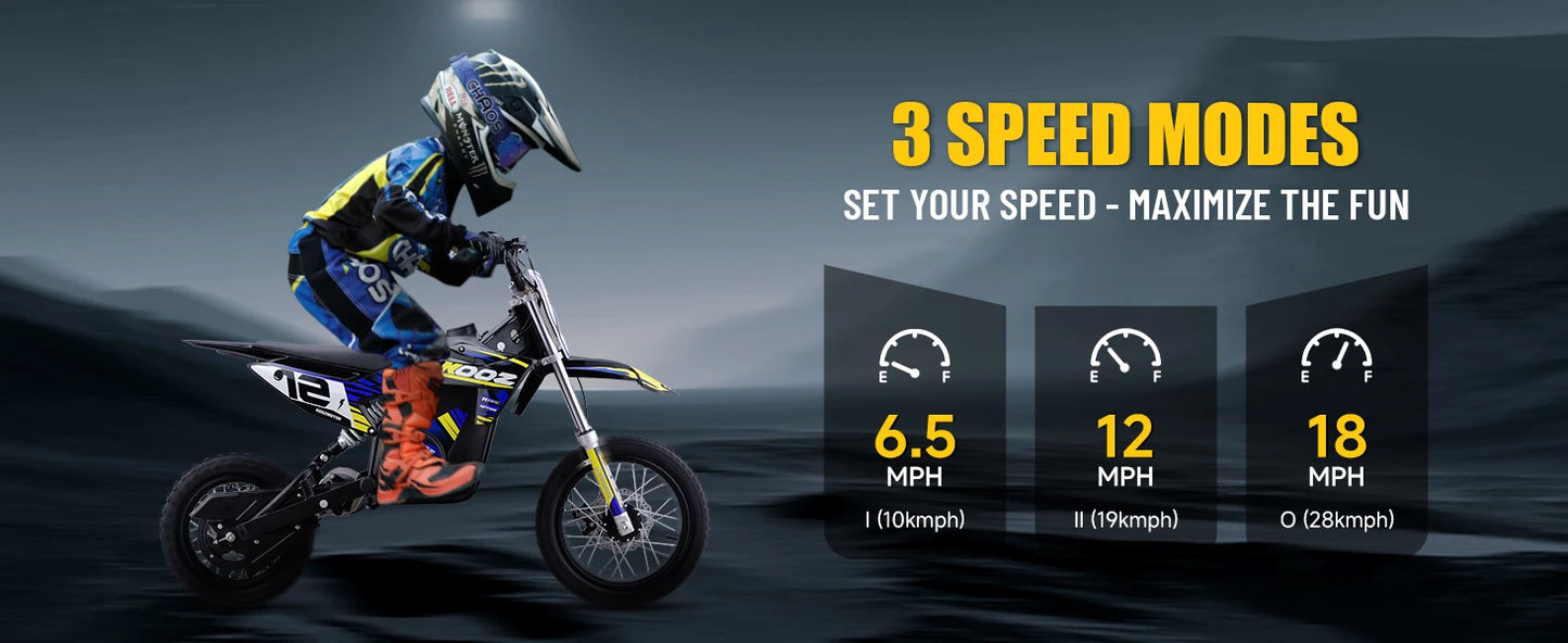 KOOZ HP112E 36V 1000W Electric Dirt Bike for Kids, 3 Speed Modes,  Electric Motorcycle Up to 18 MPH & 15 Miles Long-Range.