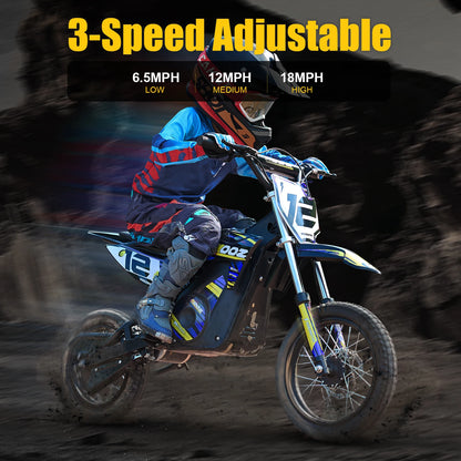 KOOZ HP112E 36V 1000W Electric Dirt Bike for Kids, 3 Speed Modes,  Electric Motorcycle Up to 18 MPH & 15 Miles Long-Range.