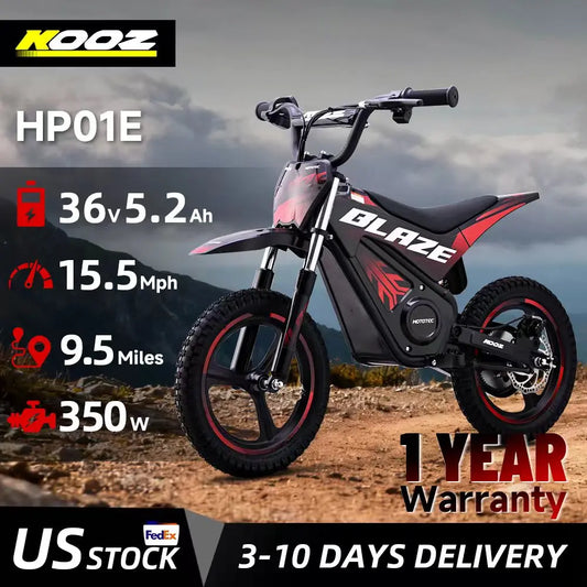 KOOZ HP01E 36V 350W Electric Dirt Bike for Kids, 2 Speed Modes, Electric Motorcycle Up to 15.5 MPH & 9.5 Miles Long-Range.