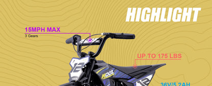 KOOZ HP122E 36V 300W Electric Dirt Bike  for Kids, 3 Speed Modes, Electric Motorcycle Up to 15.5 MPH & 14 Miles Long-Range.