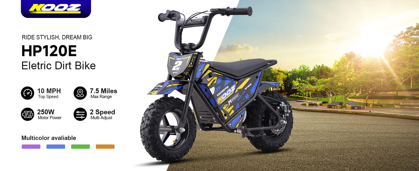 KOOZ HP120E 24V 250W Electric Dirt Bike for Kids, 2 Speed Modes,  Electric Motorcycle Up to 10 MPH & 7.5 Miles Long-Range.