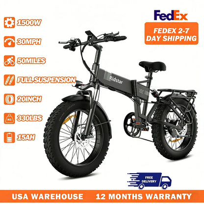 Ridstar Folding Electric Bike for Adults 1500W 48V 15AH 30MPH 50Miles 20" Fat Tire City Commuter EBike Foldable Bicycle UL2849