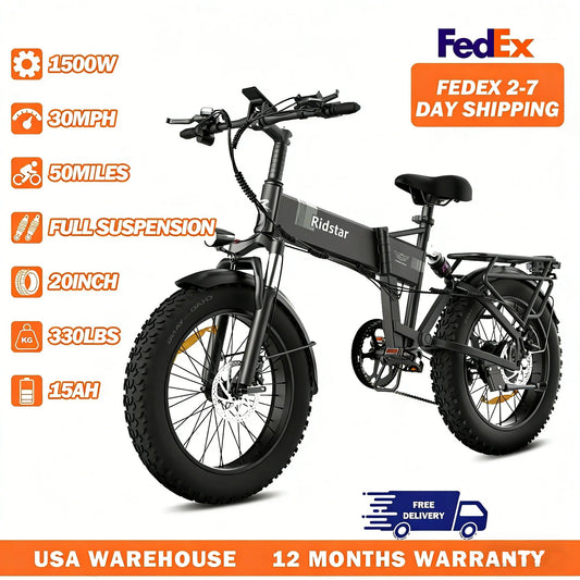 Ridstar Folding Electric Bike for Adults 1500W 48V 15AH 30MPH 50Miles 20" Fat Tire City Commuter EBike Foldable Bicycle UL2849