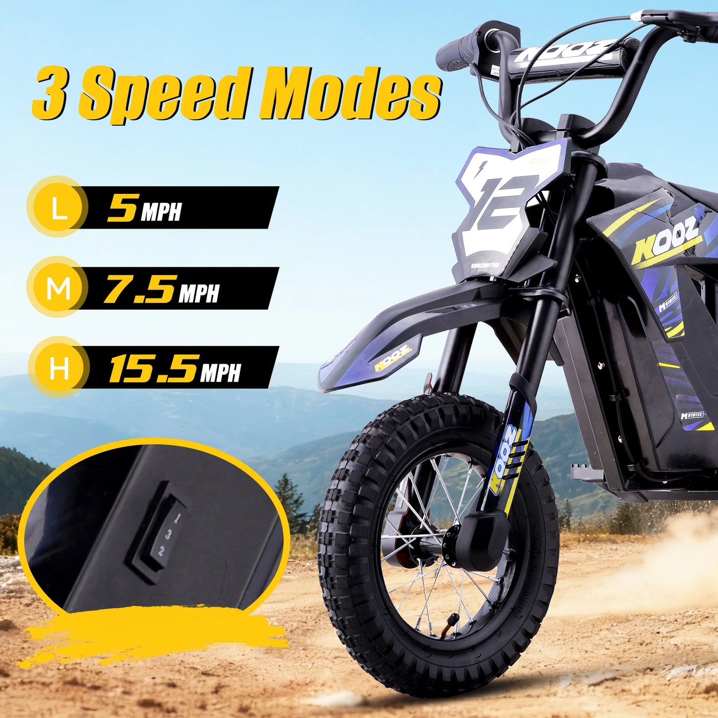 KOOZ HP122E 36V 300W Electric Dirt Bike  for Kids, 3 Speed Modes, Electric Motorcycle Up to 15.5 MPH & 14 Miles Long-Range.